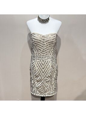 Temperance Dress M Beaded Sequin Strapless Cream Y2K Pom Bride Wedding Cocktail